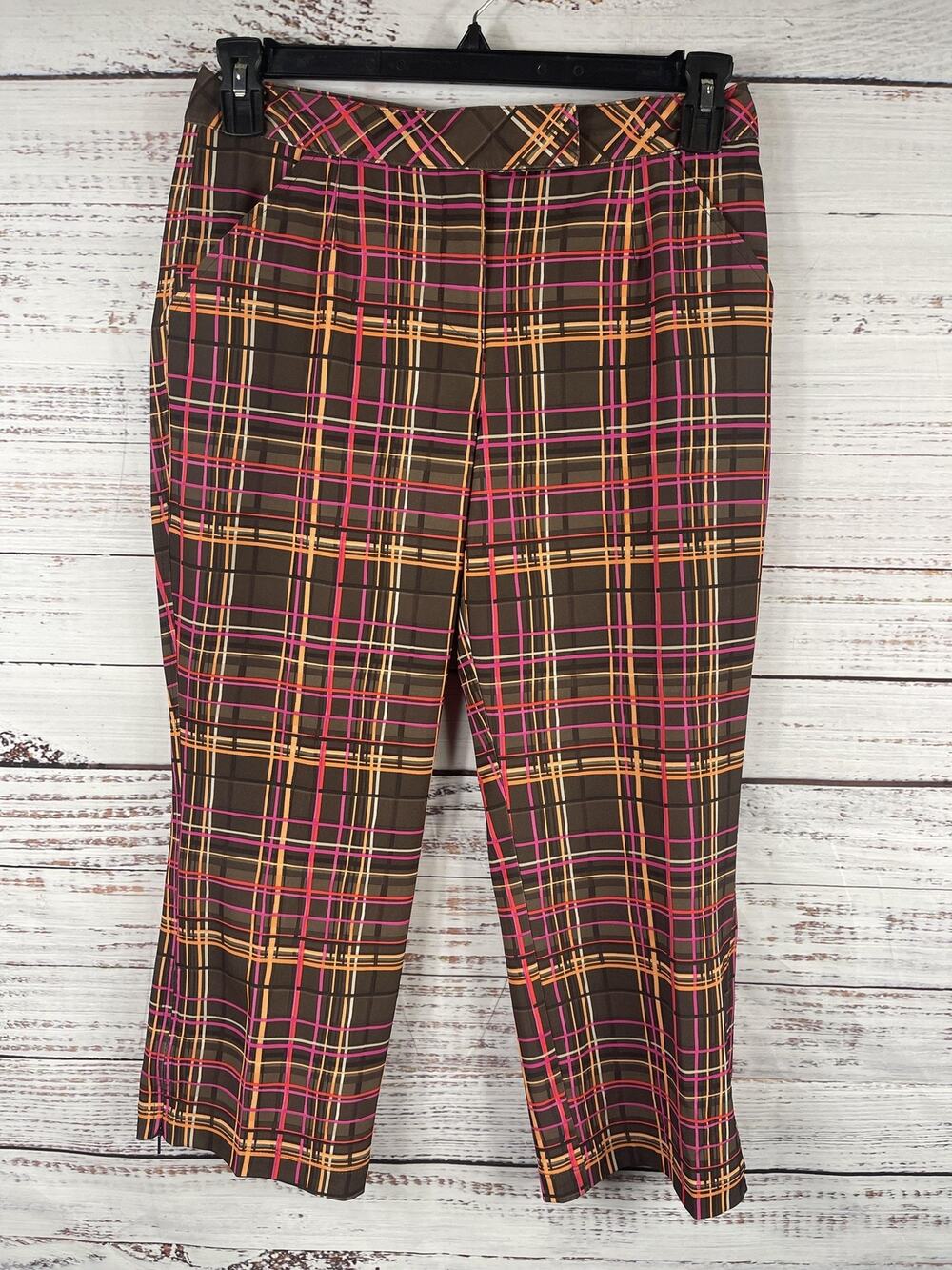 Nike Golf Pants Women's 6 Brown Pink Plaid Dri-FIT Capri Ankle Zip Stretch